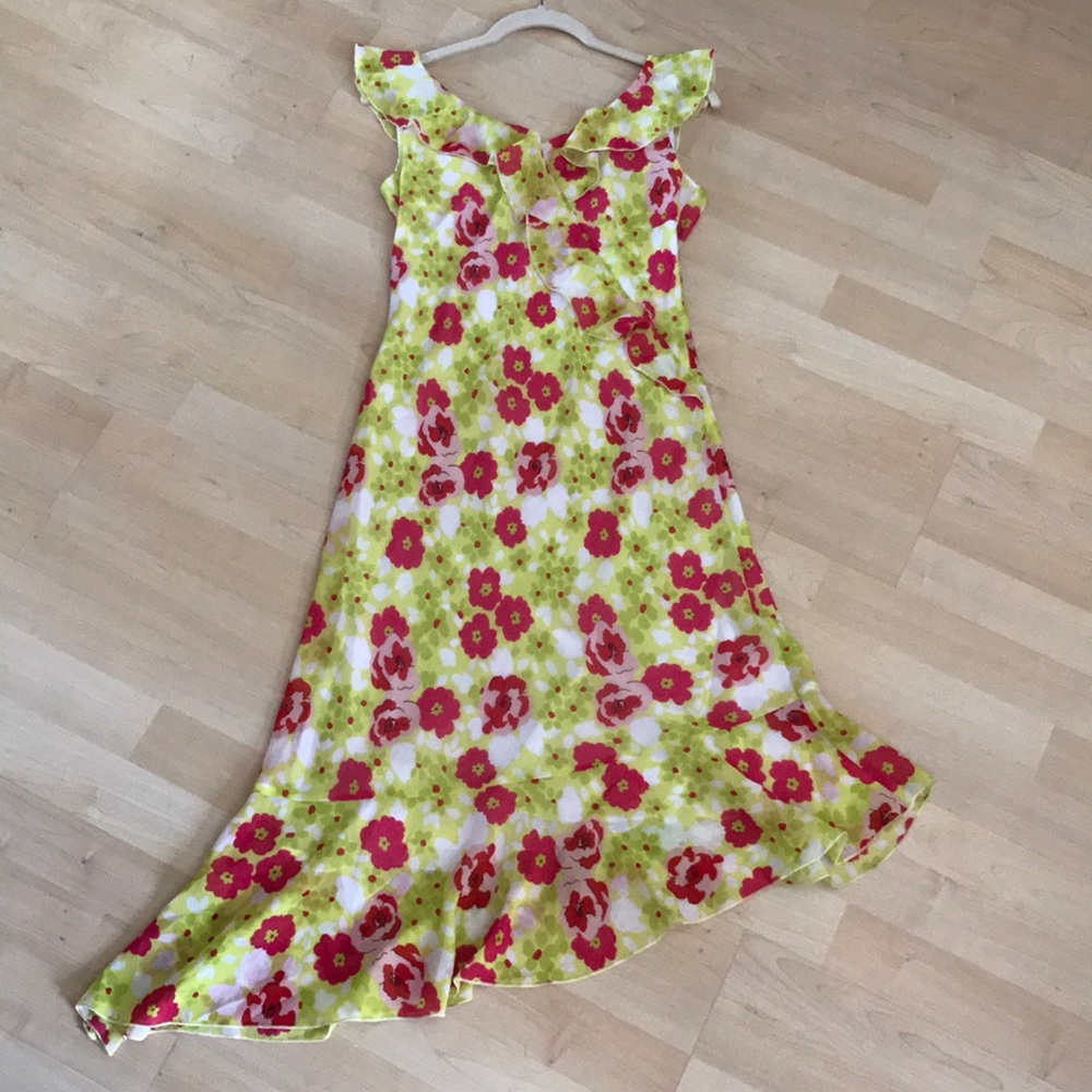 Slim fit pull on dress with ruffle in front