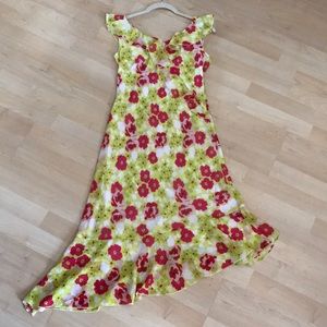 Slim fit pull on dress with ruffle in front