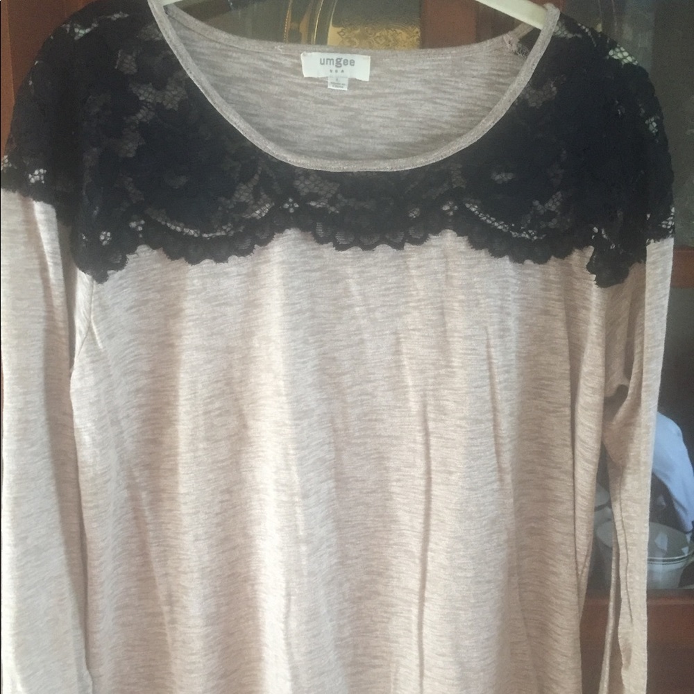 Tan and black lace shirt