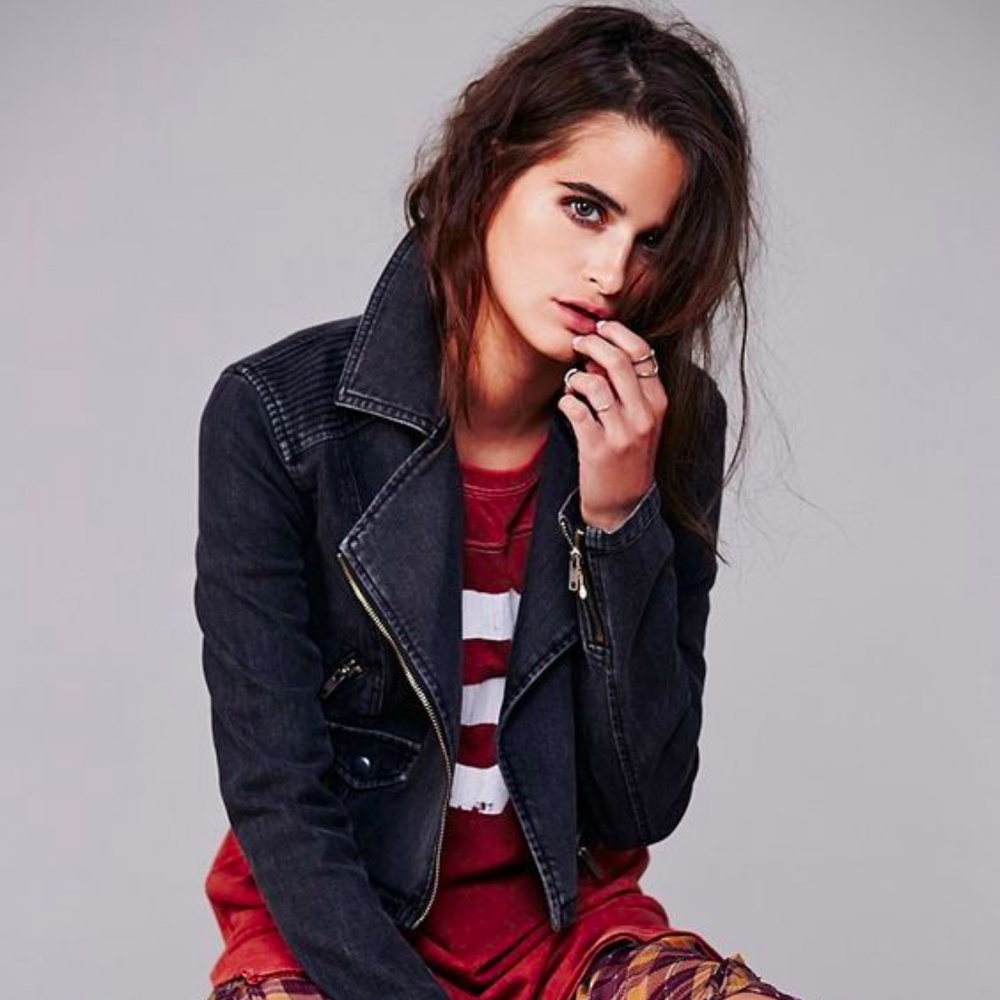 Free People Cropped Denim Moto Jacket in Black