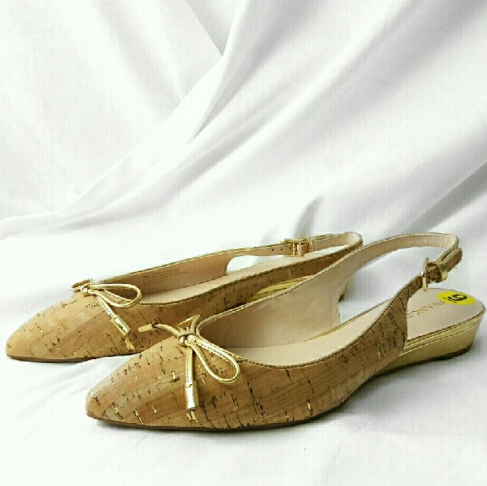 NEW Franco Sarto Cork and Gold Sling Back Flats