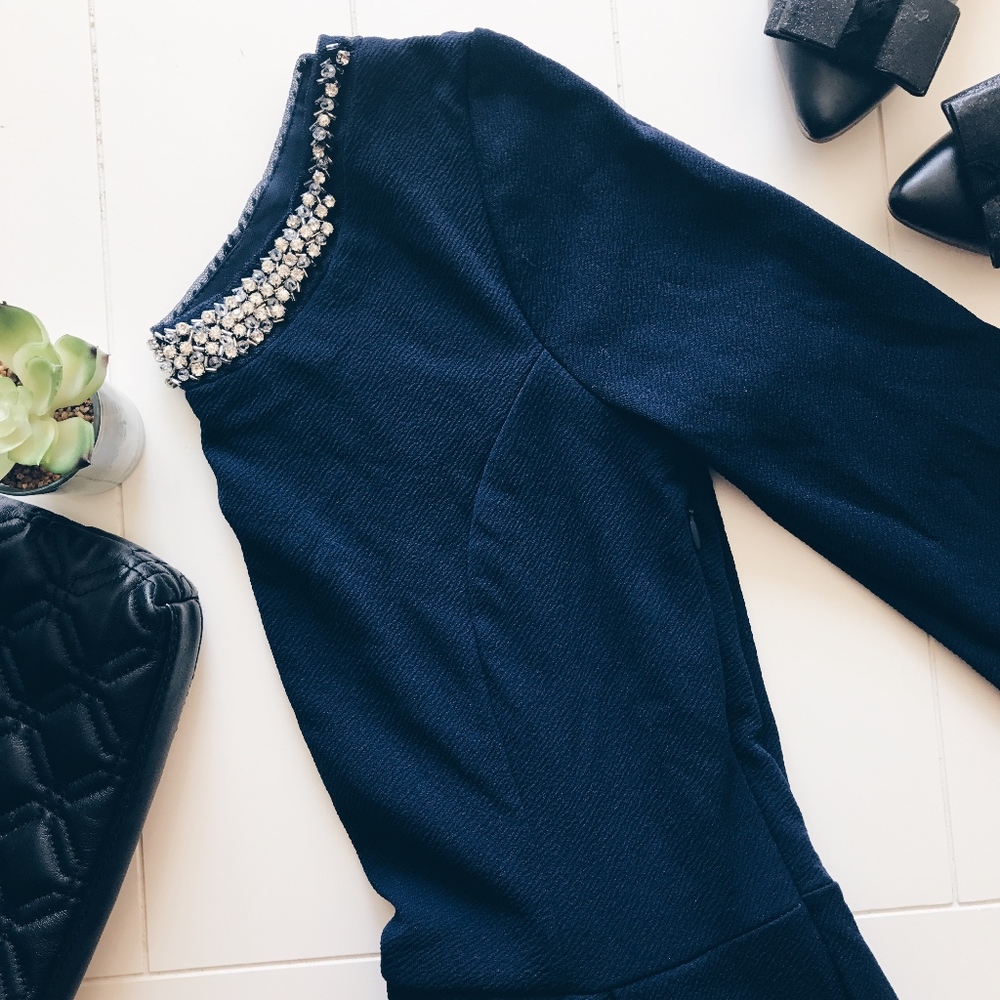 ❌SOLD❌ Francesca's - Navy Embellished Bow Dress