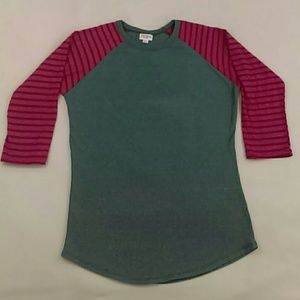 LuLaRoe Randy Teal and  Pink Stripe Sleeve Tee