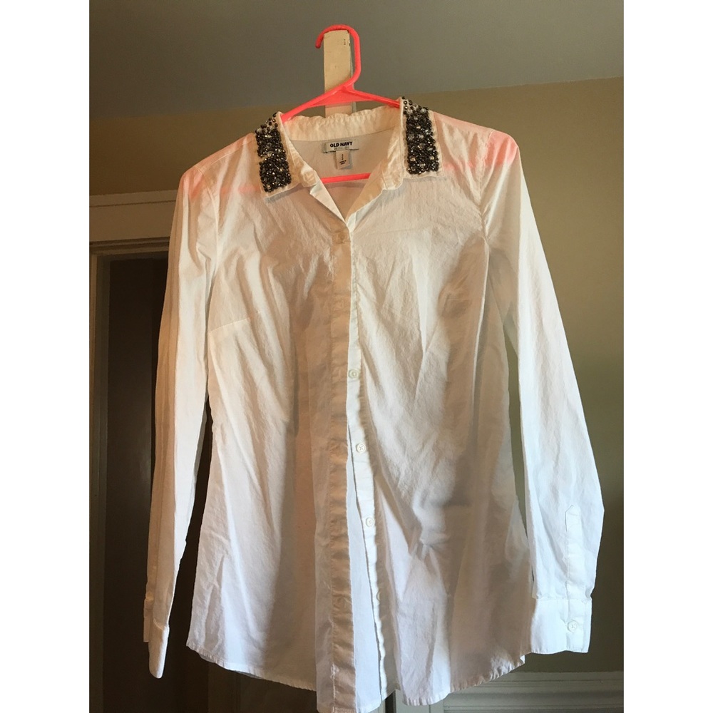 White button down with beaded collar