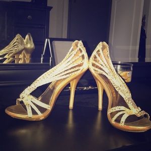 Gold open toe heels