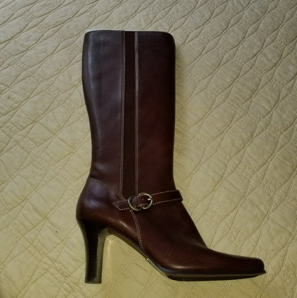 Brown Leather Tall Boots with Faux Buckle