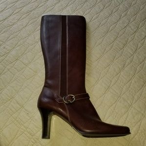 Brown Leather Tall Boots with Faux Buckle