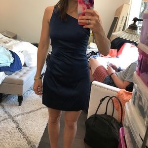 Susana Monaco navy silk one shoulder dress