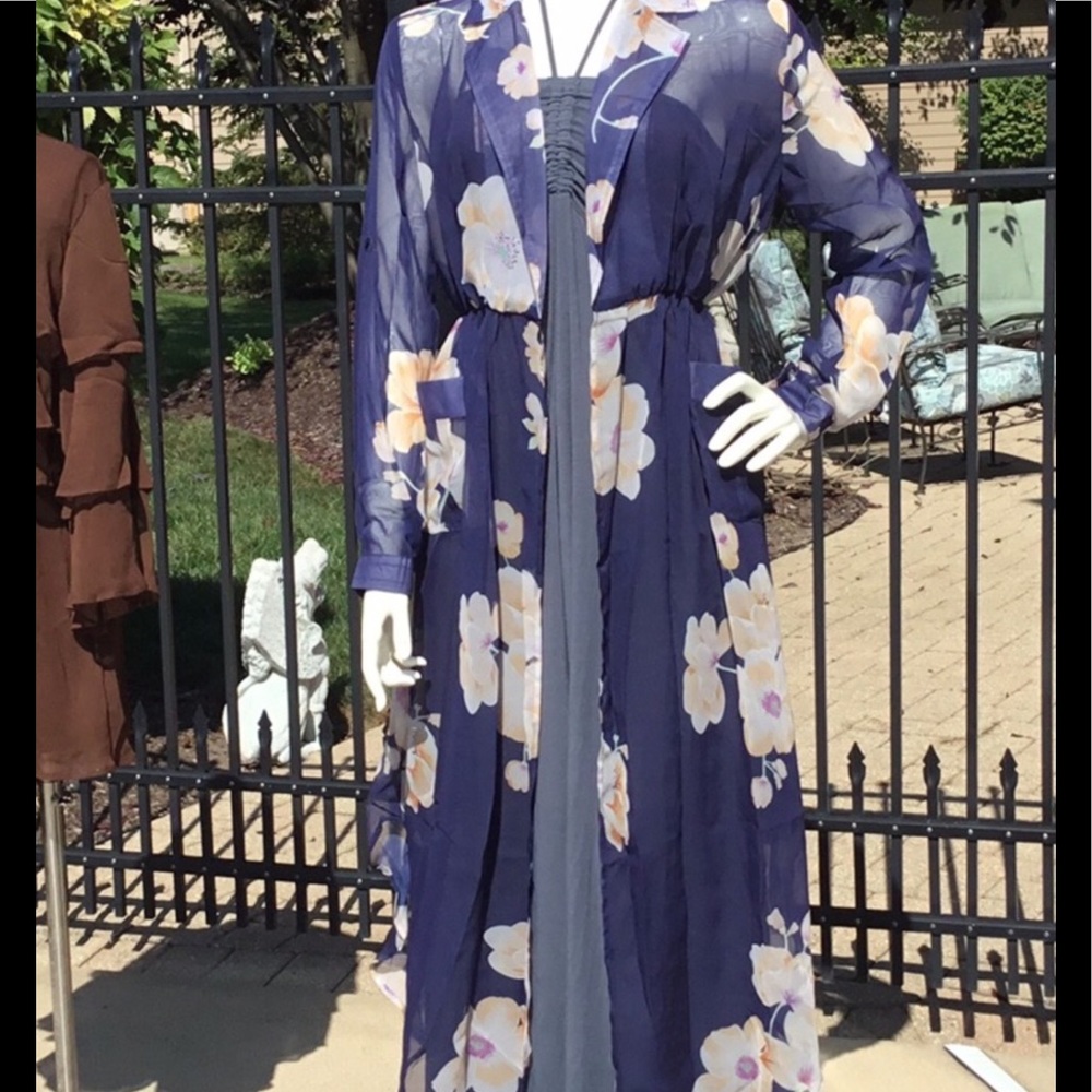 SHEER floral long 3/4 sleeve duster maxi COVER UP - Picture 13 of 16