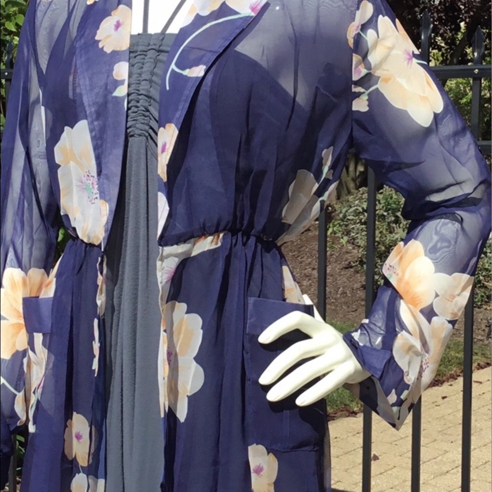 SHEER floral long 3/4 sleeve duster maxi COVER UP - Picture 14 of 16