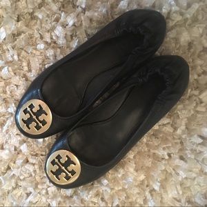 Tory Burch Black Reva Flats with Gold Emblem