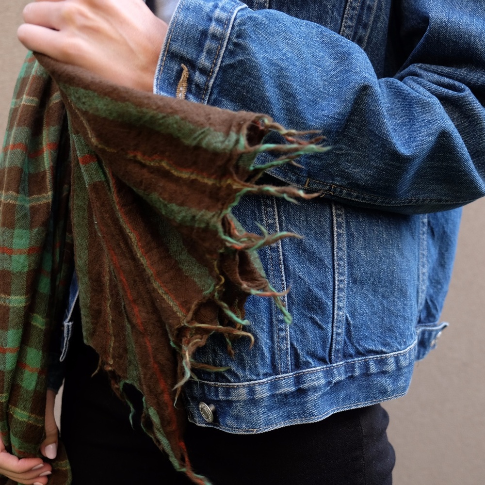 Vintage Plaid Green Red Brown Yellow Long Wool Fringed Scarf - Picture 5 of 13