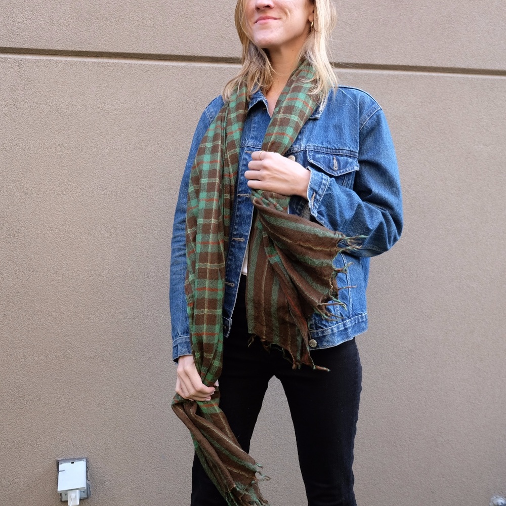 Vintage Plaid Green Red Brown Yellow Long Wool Fringed Scarf - Picture 9 of 13