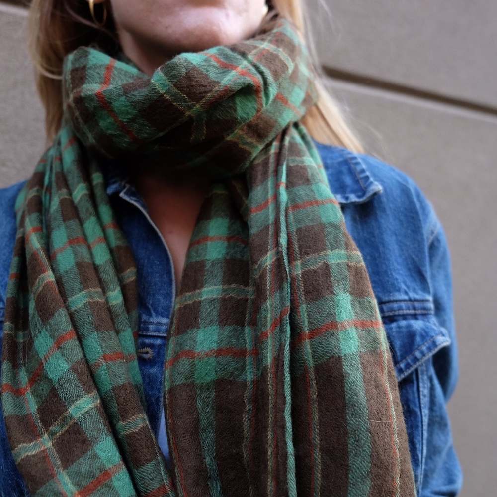 Vintage Plaid Green Red Brown Yellow Long Wool Fringed Scarf - Picture 11 of 13
