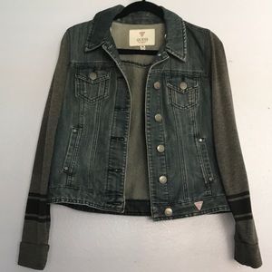 Guess medium wash denim jacket and cotton sleeves