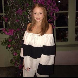 White & Dark Blue Off The Shoulder atop