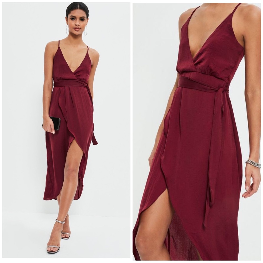 Burgundy silky wrap asymmetric dress