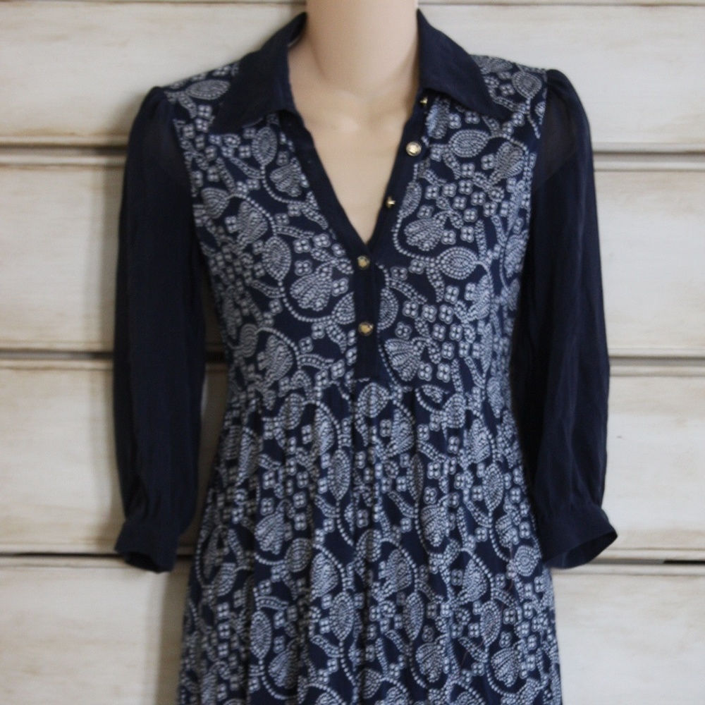 Juicy Couture Navy White Paisley Long Sleeve Dress