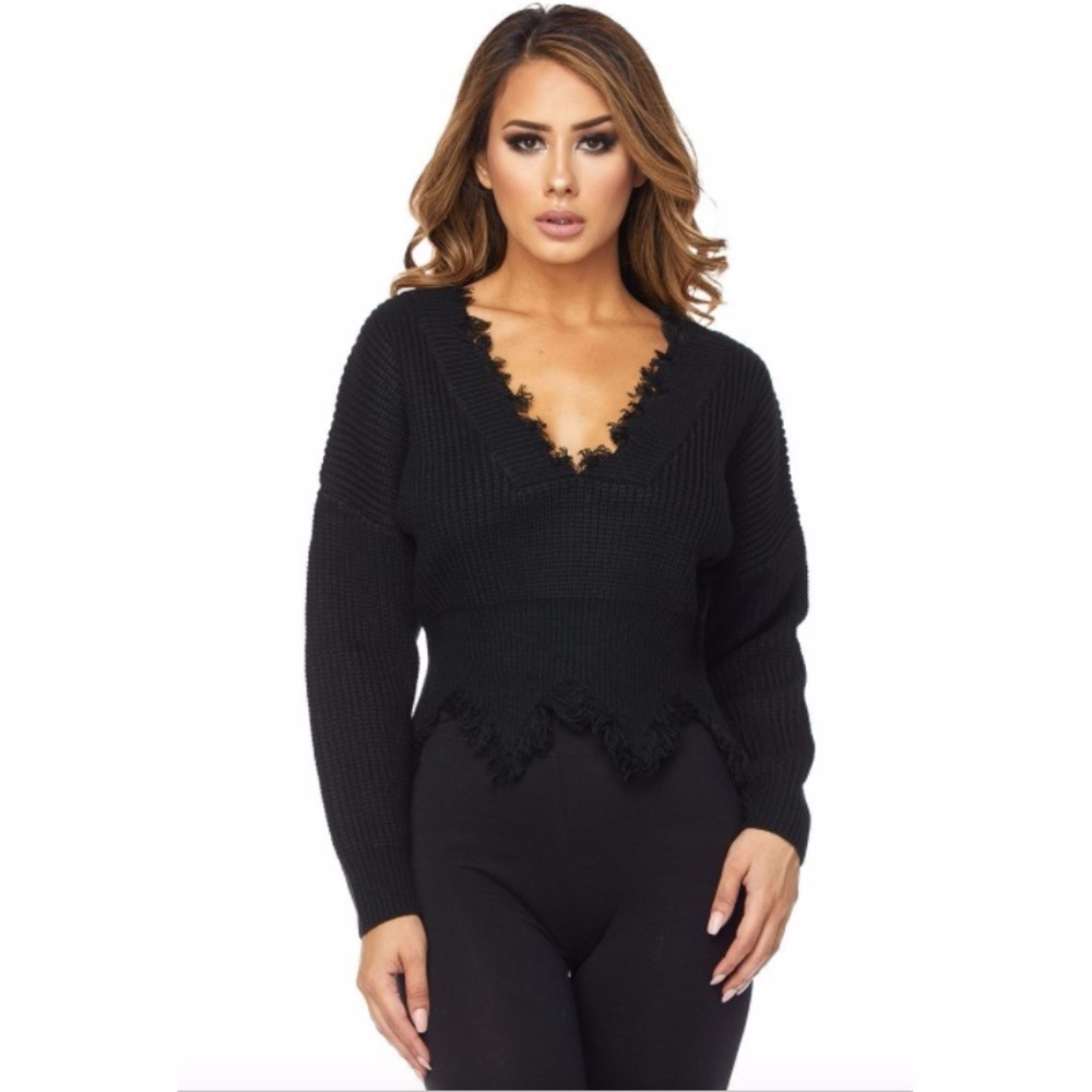 1 Left Black Deep V Neck Distressed Sweater #1049 - Picture 2 of 8