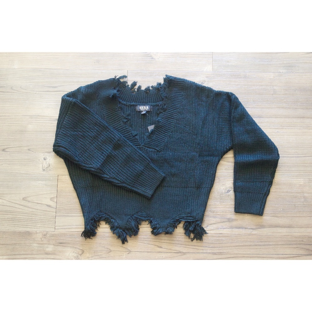 1 Left Black Deep V Neck Distressed Sweater #1049 - Picture 8 of 8