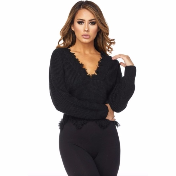 Rumor Apparel Sweaters - 1 Left Black Deep V Neck Distressed Sweater #1049