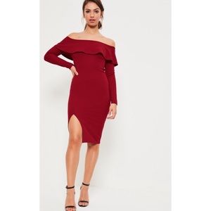 Missguided Red Bardot Frill Split Midi Dress NWT