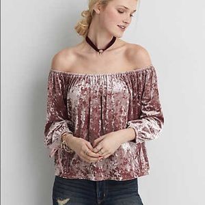 Crushed velvet off the shoulder top