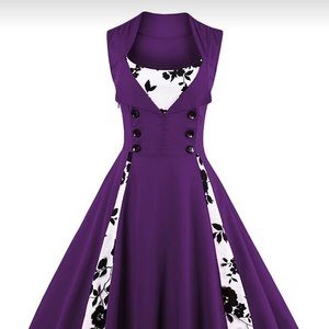 50's style dress purple w flower cotton spandex