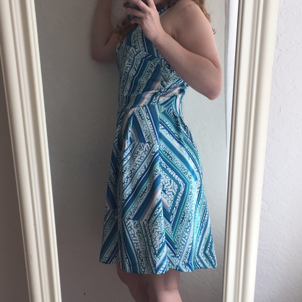 Wassio Geometric Dress!!! Blue and White Midi - Picture 3 of 8