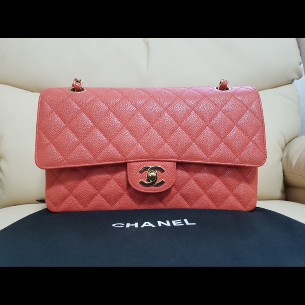 Authentic Chanel medium double flap bag Coral Pink