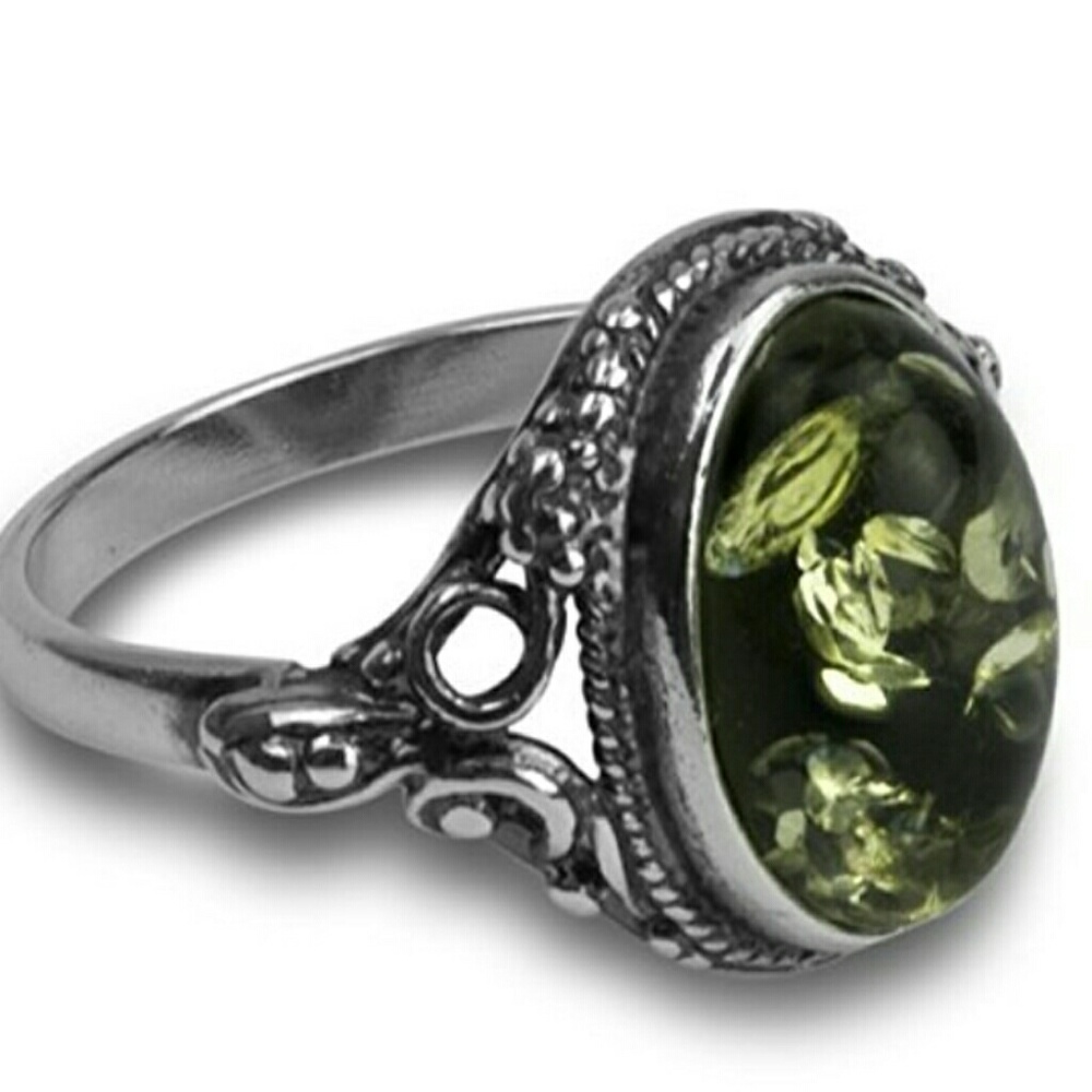 Baltic Sea Green Amber Sterling Ring - Picture 2 of 5