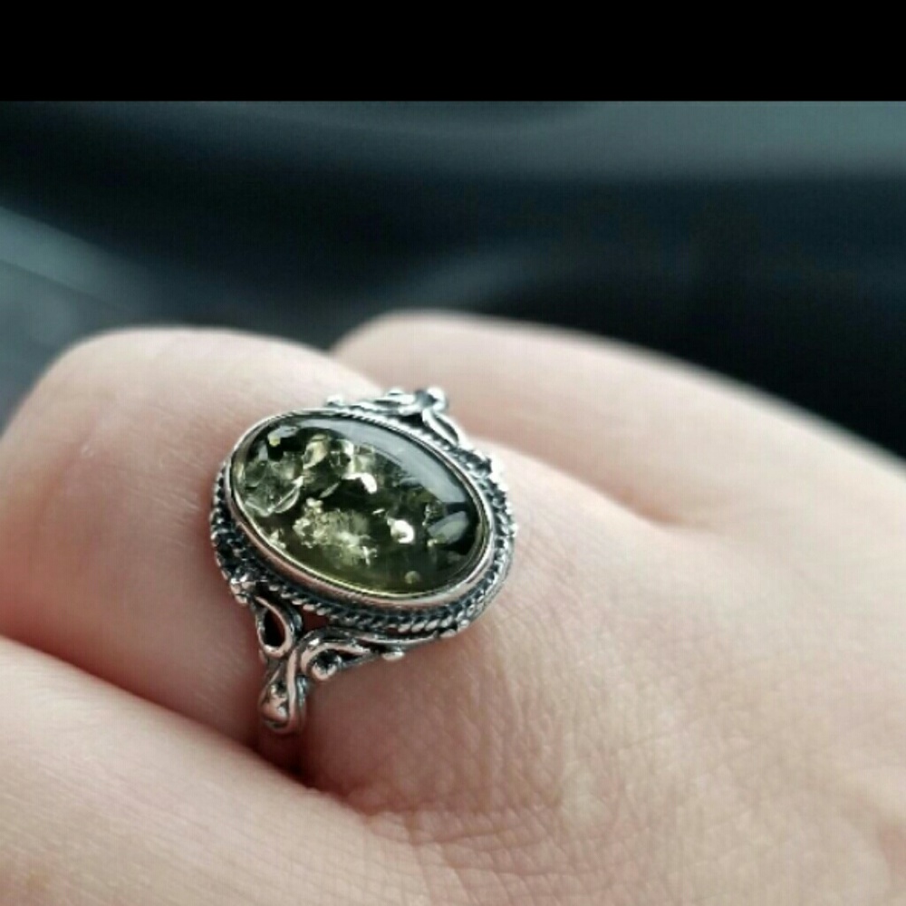 Baltic Sea Green Amber Sterling Ring - Picture 4 of 5