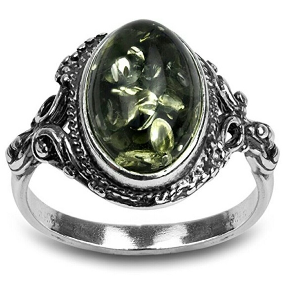 MoonMagicChic Jewelry - Baltic Sea Green Amber Sterling Ring