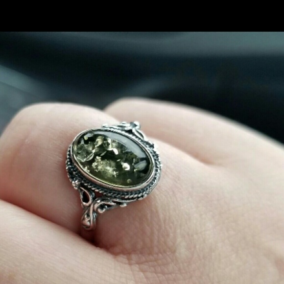 Baltic Sea Green Amber Sterling Ring - Picture 4 of 5