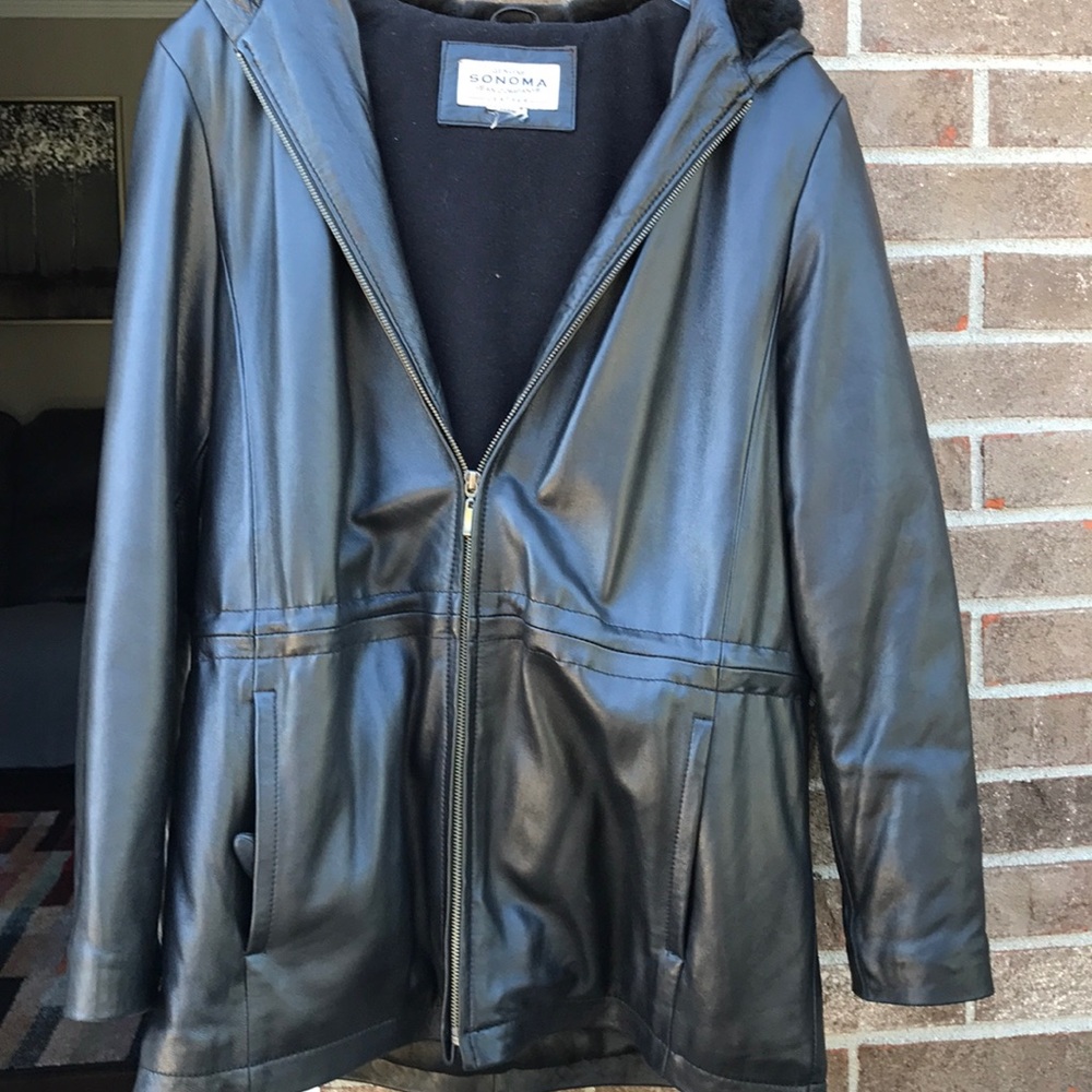 Leather hooded winter coat