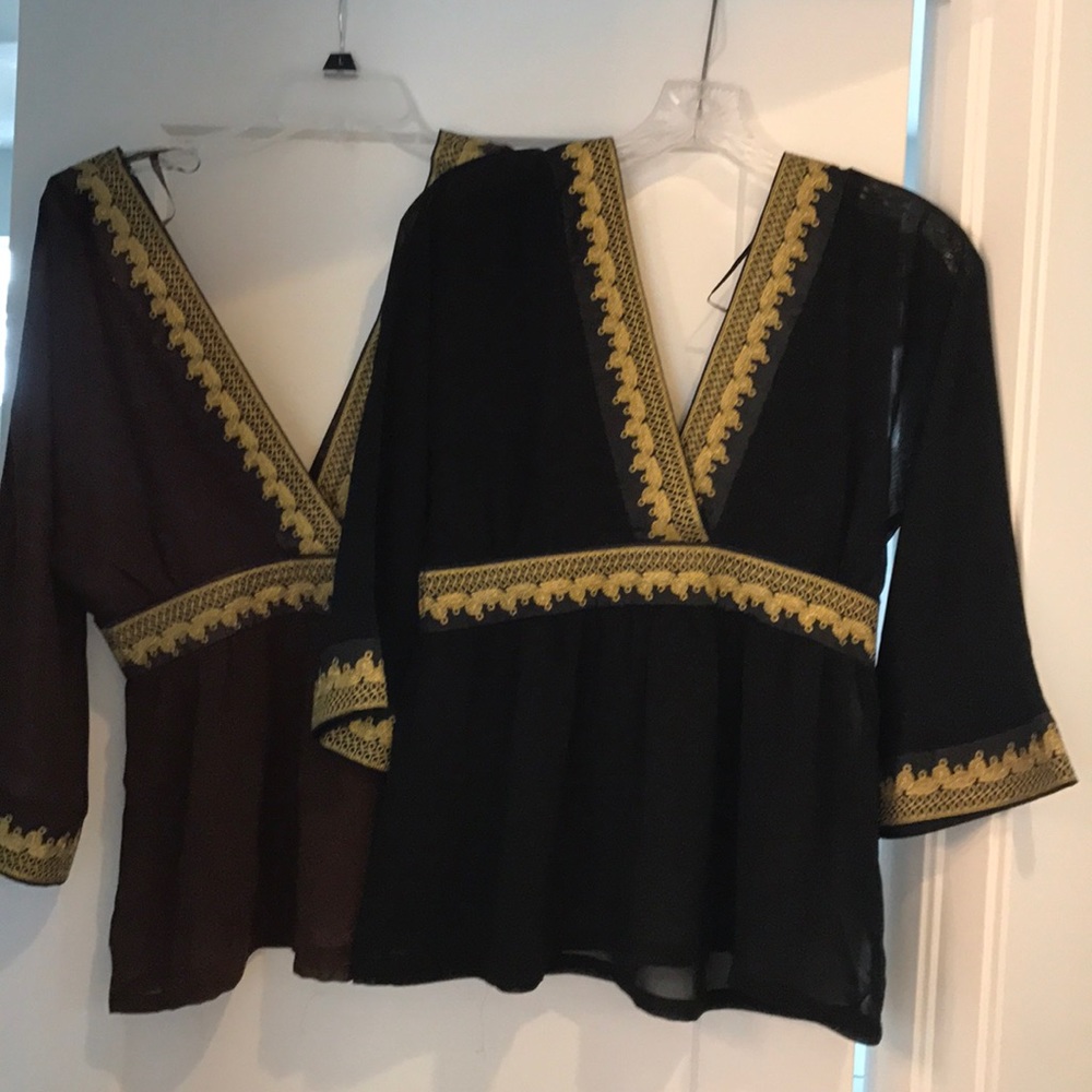 2 XS Bohemian 100% Silk Tops-black & brown
