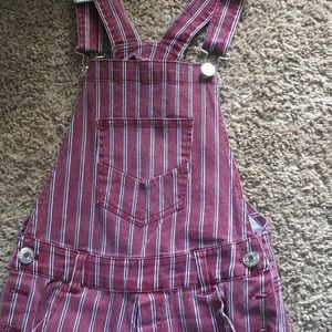 Maroon/white stripe overalls