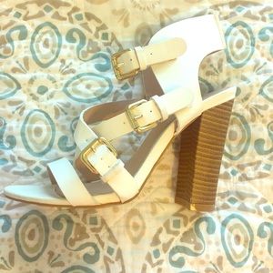 Liliana - boutique white heels, gold accent