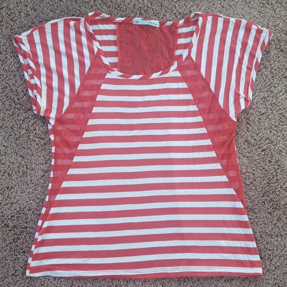 Coral stripped blouse, with a pop of lace.