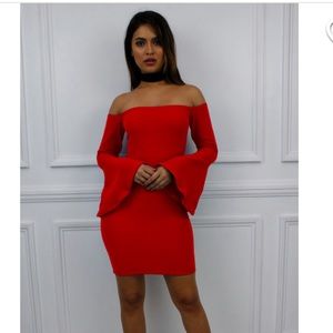 Red Bardot sleeve dress