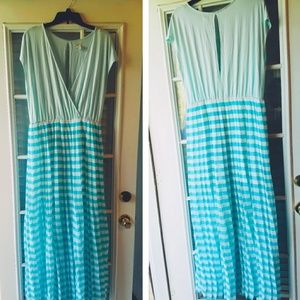 Blue and White Pleated Maxi Dress