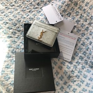 Silver Saint Laurent Card Wallet w/ Gold YSL logo