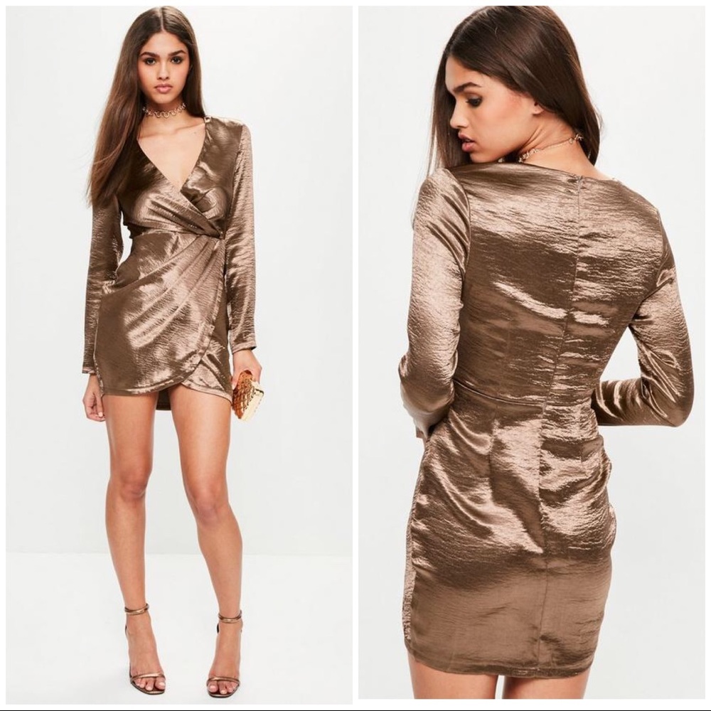 Bronze satin long sleeve wrap dress