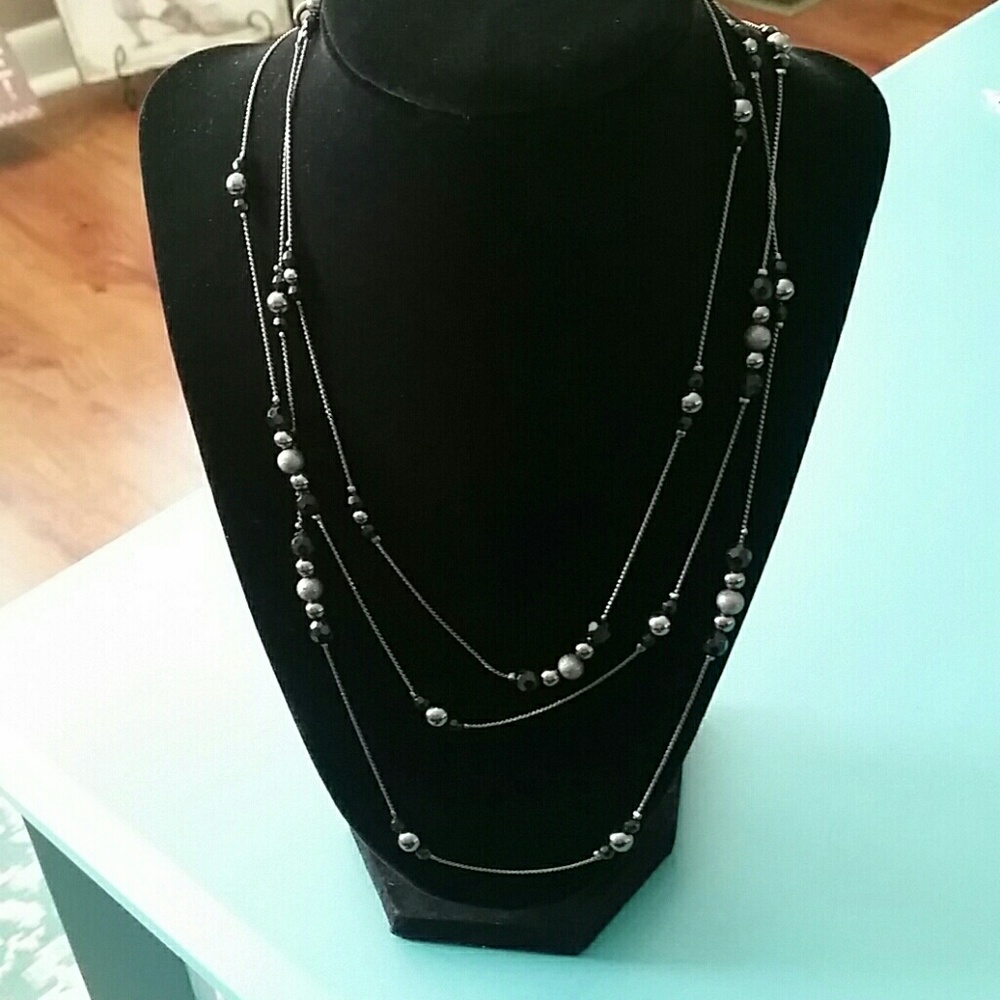 Long Black Necklace with Black & Silver Beads