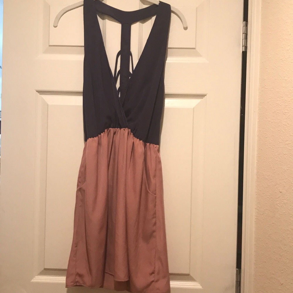 Gorgeous blue and pink dress with sexy back!