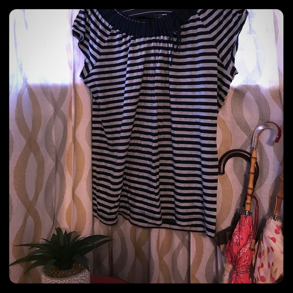 Scoop Neck Striped T-Shirt with Tie Detail Collar