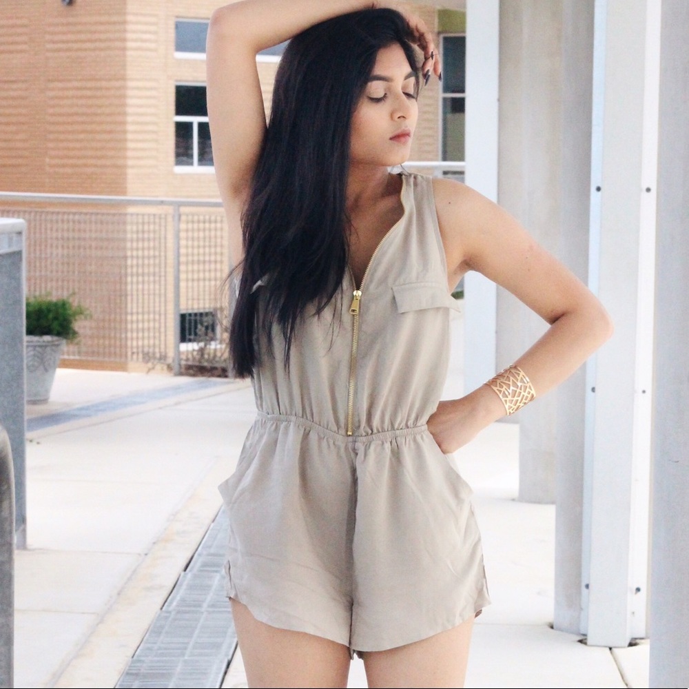 Greyish Green Zipper Romper
