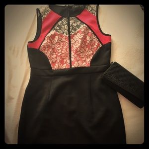 Bodycon black and hot pink dress with lace detail