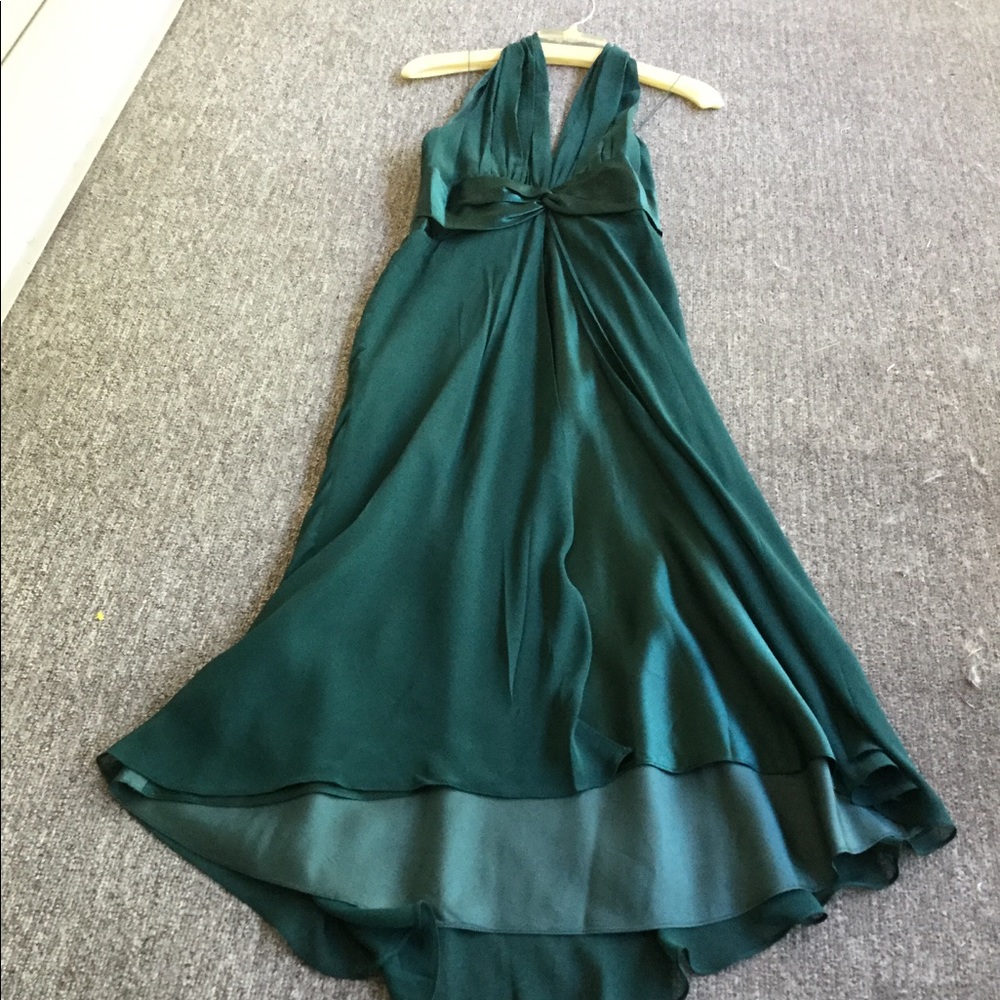 Maggy London high low silk halter dress green