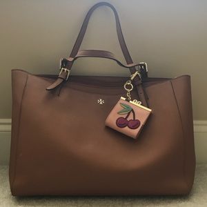 Tory Burch Brown Leather Tote Bag & Cherry Pouch
